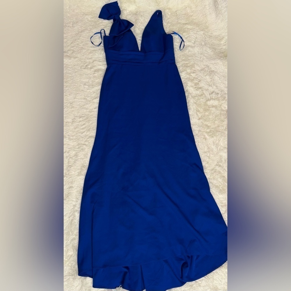 NWOT Mac Duggal Bow Royal Blue Shoulder V-Neck Gown sz  0 - Picture 3 of 7
